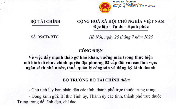 Đã có Công điện 05/CĐ-BTC hướng dẫn lĩnh vực thuế, đăng ký kinh doanh khi thực hiện CQĐP 02 cấp 