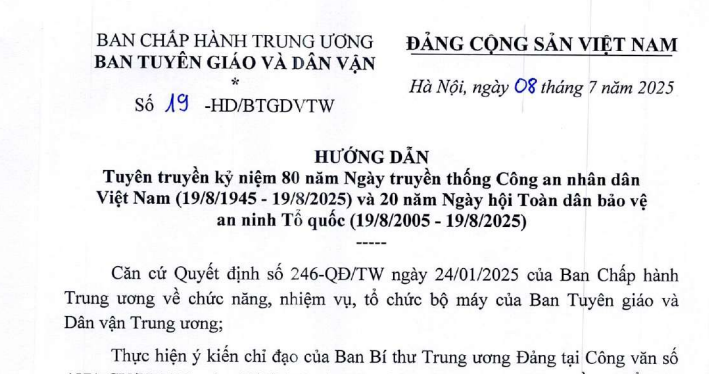 Đã có Hướng dẫn 19-HD/BTGDVTW tuyên truyền Kỷ niệm 80 năm Ngày truyền thống Công an Nhân dân