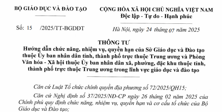 Đã có Thông tư 15/2025/TT-BGDĐT về chức năng nhiệm vụ Sở Giáo dục và Đào tạo và Phòng Văn hóa - Xã hội