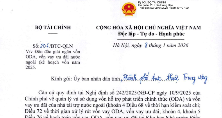 Công văn 206/BTC-QLN: Đôn đốc giải ngân vốn ODA, vốn vay ưu đãi nước ngoài