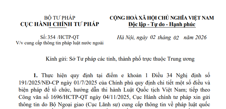 Công văn 354: Cung cấp thông tin pháp luật quốc tịch của một số quốc gia/vùng lãnh thổ
