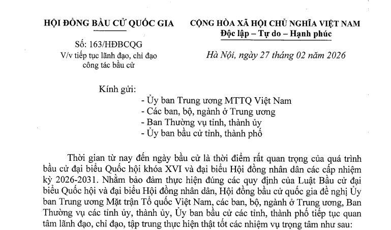 Công văn 163/HĐBCQG: Tiếp tục thực hiện các chỉ đạo về lãnh đạo cuộc bầu cử