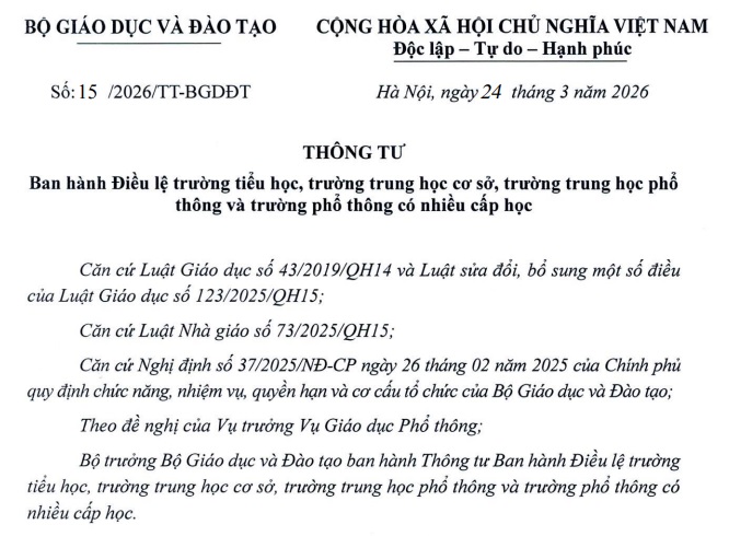 Đã có Thông tư 15/2026/TT-BGDĐT Điều lệ trường tiểu học, THCS, THPT