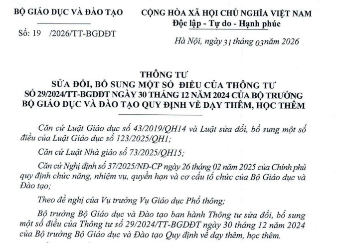 Đã có Thông tư 19/2026/TT-BGDĐT sửa quy định về dạy thêm học thêm