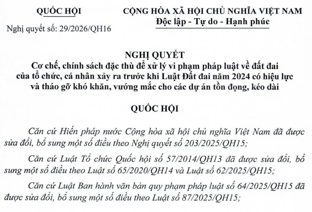 Đã có Nghị quyết 29/2026/QH16 chính sách đặc thù xử lý vi phạm đất đai trước khi Luật Đất đai 2024 có hiệu lực
