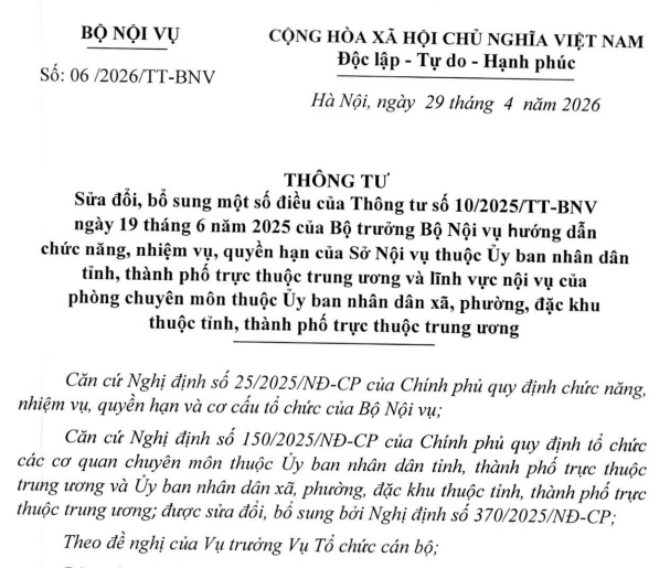 Đã có Thông tư 06/2026/TT-BNV sửa đổi quyền hạn của Sở Nội vụ thuộc UBND cấp tỉnh