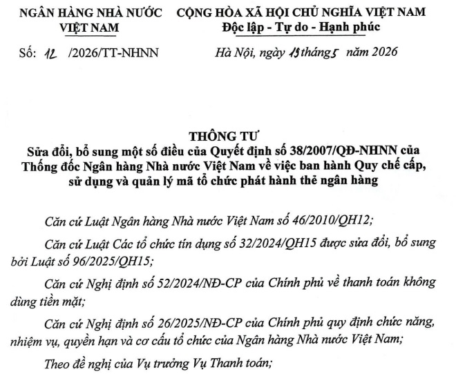 Đã có Thông tư 12/2026/TT-NHNN sửa Quy chế cấp mã tổ chức phát hành thẻ ngân hàng