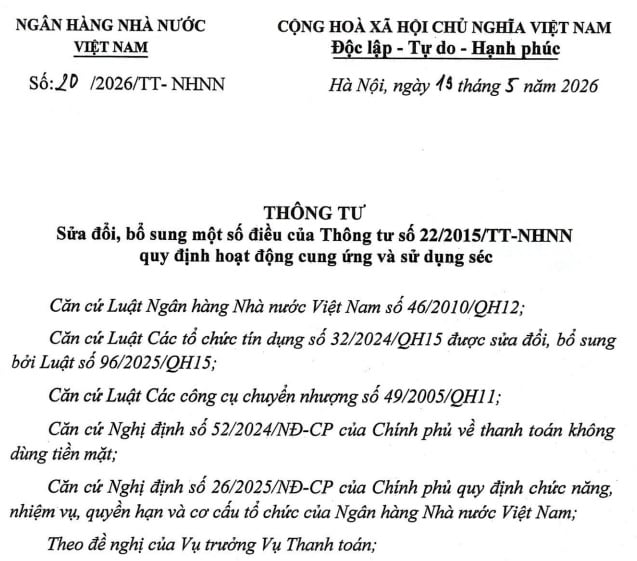 Đã có Thông tư 20/2026/TT-NHNN sửa quy định hoạt động cung ứng và sử dụng séc