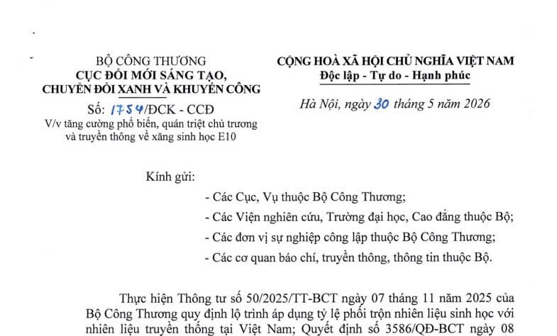 Công văn 1754/ĐCK-CCĐ: Chất lượng xăng E10 được kiểm soát bằng hệ thống tiêu chuẩn và quy chuẩn kỹ thuật quốc gia