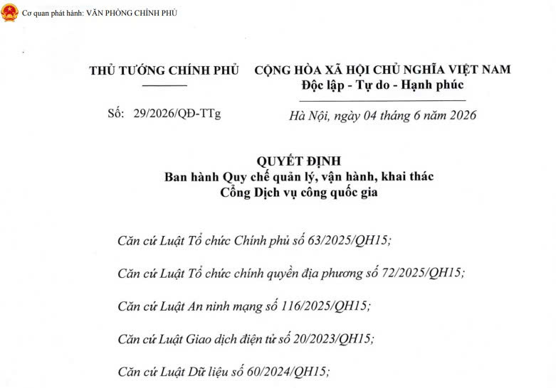 Đã có Quyết định 29/2026/QĐ-TTg về Quy chế vận hành và khai thác Cổng Dịch vụ công quốc gia