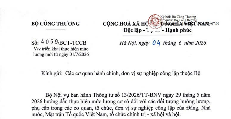 Công văn 4069: Triển khai mức lương cơ sở mới từ ngày 01/7/2026 của Bộ Công Thương