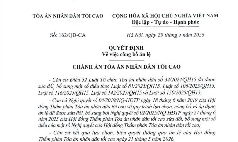 Đã có Quyết định 162/QĐ-CA công bố 08 án lệ áp dụng từ ngày 01/7/2026