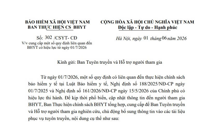 Công văn 302/CSYT-CĐ: Điểm mới quy định về BHYT có hiệu lực từ ngày 01/7/2026
