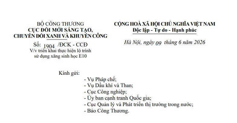 Công văn 1904/ĐCK-CCĐ: Triển khai thực hiện lộ trình sử dụng xăng sinh học E10