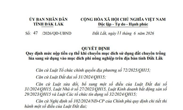 Mức tiền chuyển mục đích sử dụng đất trồng lúa sang đất phi nông nghiệp tỉnh Đắk Lắk năm 2026 (Quyết định 47/2026/QĐ-UBND)