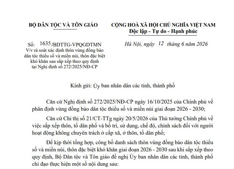Công văn 1635: Rà soát xác định thôn vùng đồng bào dân tộc thiểu số và thôn đặc biệt khó khăn sau sắp xếp