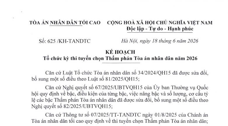 Kế hoạch 625: Kỳ thi tuyển chọn Thẩm phán Tòa án nhân dân năm 2026