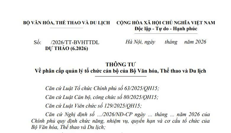 Đã có dự thảo Thông tư về phân cấp quản lý tổ chức cán bộ của Bộ Văn hóa Thể thao và Du lịch