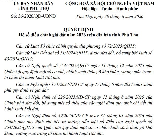 Hệ số điều chỉnh giá đất tỉnh Phú Thọ năm 2026 (Quyết định 36/2026/QĐ-UBND)