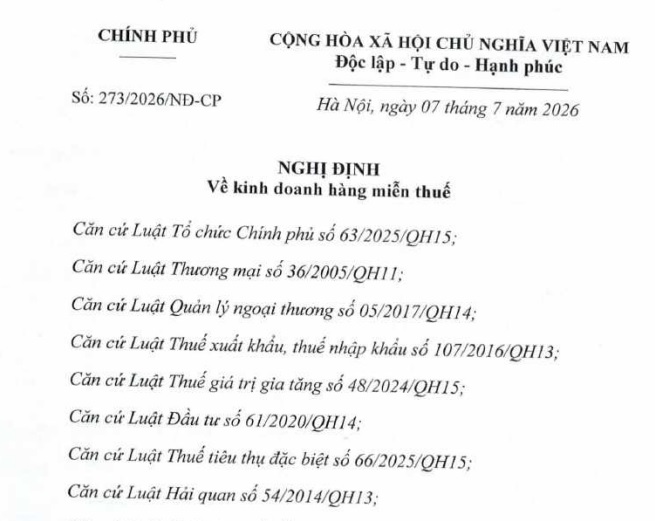 Đã có Nghị định 273/2026/NĐ-CP về kinh doanh hàng miễn thuế