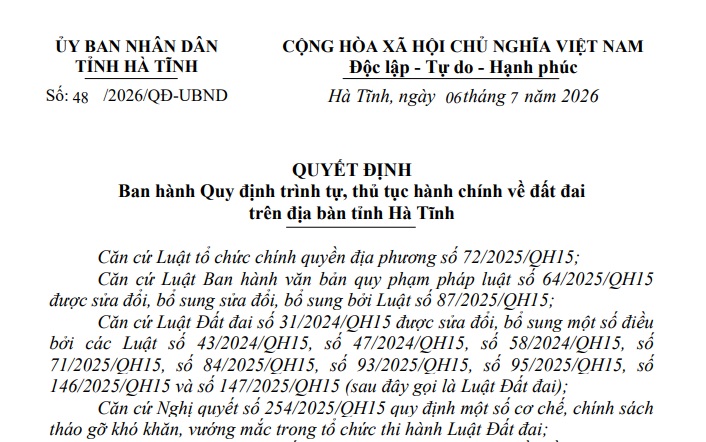Đã có Quyết định 48/2026/QĐ-UBND thủ tục đất đai tỉnh Hà Tĩnh