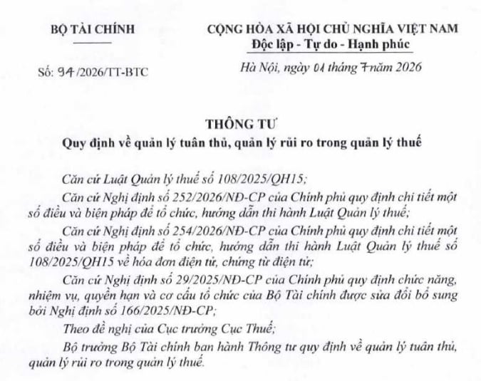 Đã có Thông tư 94/2026/TT-BTC về quản lý rủi ro trong quản lý thuế