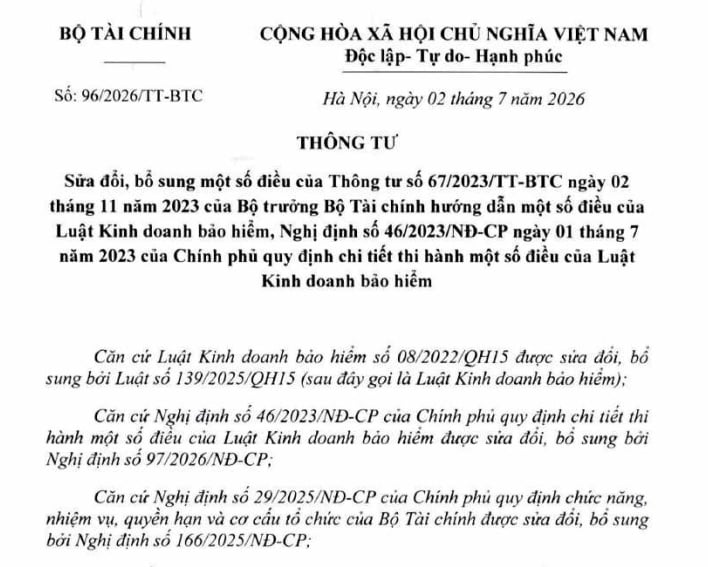 Đã có Thông tư 96/2026/TT-BTC sửa Thông tư 67 hướng dẫn Luật Kinh doanh bảo hiểm