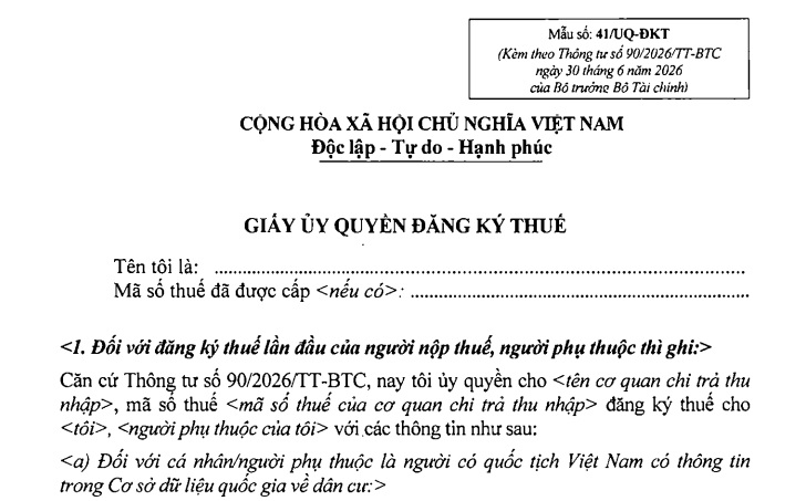 Mẫu 41/UQ-ĐKТ mẫu giấy ủy quyền đăng ký thuế mới nhất theo Thông tư 90