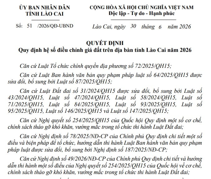 Hệ số điều chỉnh giá đất tỉnh Lào Cai năm 2026