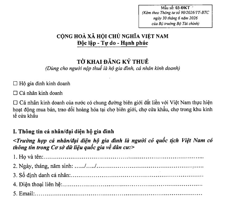 Mẫu số 03-ĐKT Tờ khai đăng ký thuế theo Thông tư 90 mới nhất