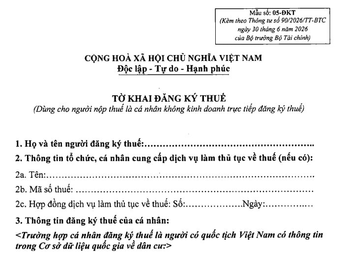 Mẫu số 05-ĐKT Tờ khai đăng ký thuế theo Thông tư 90 mới nhất