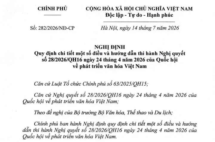 Đã có Nghị định 282/2026/NĐ-CP về phát triển văn hóa Việt Nam