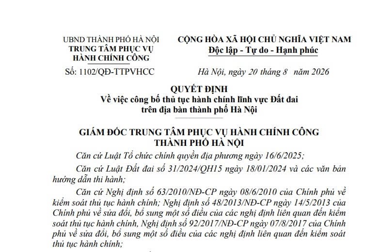 Quyết định 1102/QĐ-TTPVHCC 47 thủ tục về đất đai tại Hà Nội 