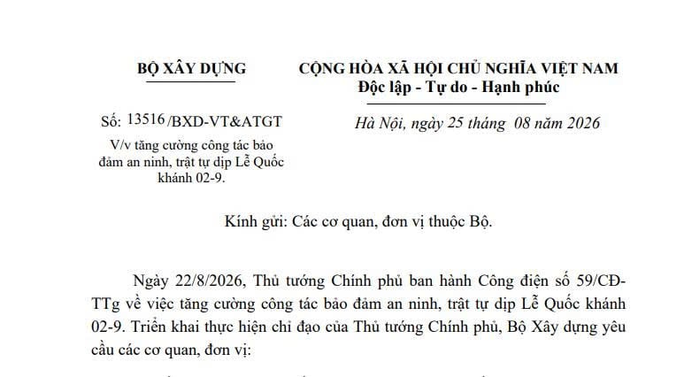 Công văn 13516/BXD-VT&ATGT về bảo đảm an ninh trật tự dịp Lễ Quốc khánh 02/9
