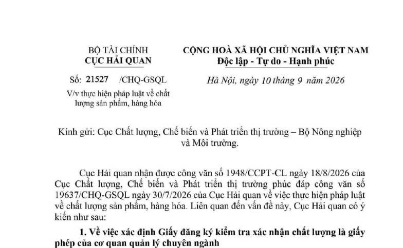 Công văn 21527/CHQ-GSQL thực hiện pháp luật về chất lượng sản phẩm hàng hóa