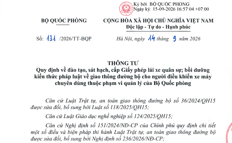 Thông tư 131/2026/TT-BQP sát hạch, cấp Giấy phép lái xe quân sự ra sao?