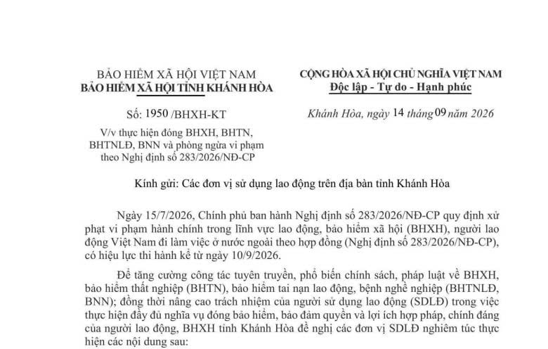 Công văn 1950 thực hiện đóng BHXH BHTN BHTNLĐ của BHXH Khánh Hòa