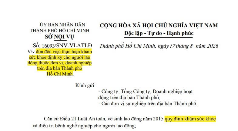 Công văn 16093 khám sức khỏe định kỳ cho người lao động tại TPHCM 