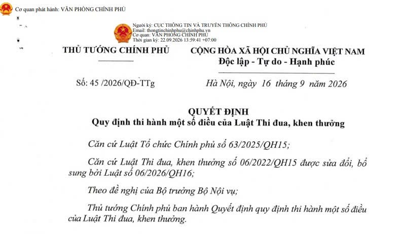Quyết định 45/2026/QĐ-TTg quy định thi hành Luật Thi đua khen thưởng 