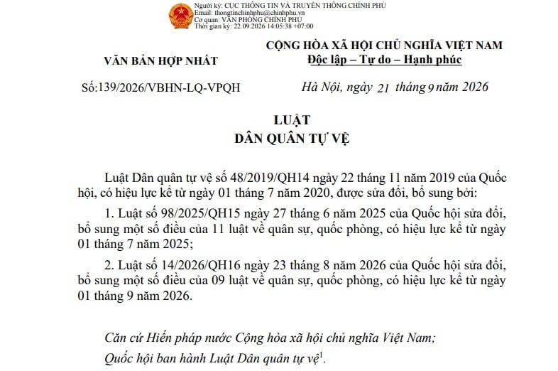 Văn bản hợp nhất 139/2026 về Luật Dân quân tự vệ
