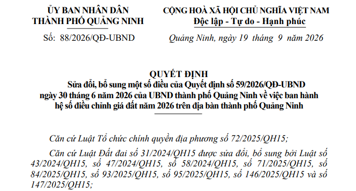 Quyết định 88/2026/QĐ-UBND sửa đổi bổ sung hệ số điều chỉnh giá đất Quảng Ninh ra sao?