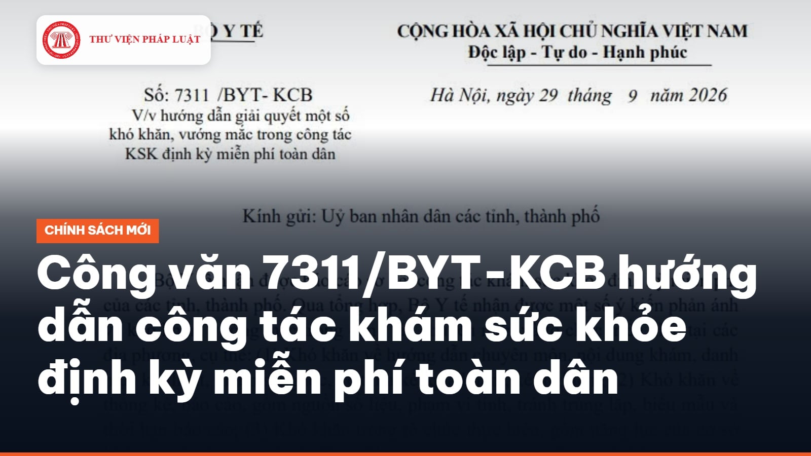 Công văn 7311/BYT-KCB hướng dẫn công tác khám sức khỏe định kỳ miễn phí toàn dân