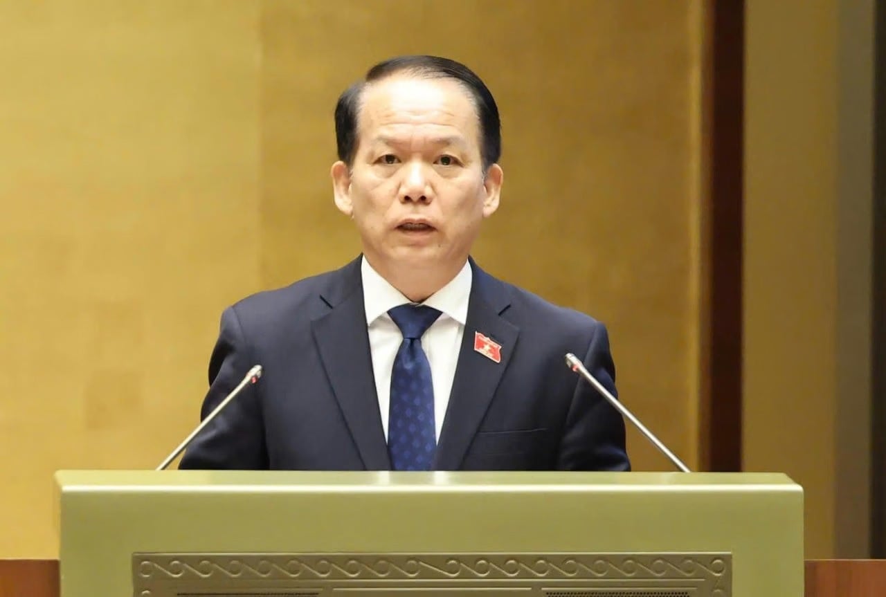 Bộ trưởng Bộ Tư pháp Hoàng Thanh Tùng trình bày tờ trình dự án Luật tại phiên họp. Ảnh: Quochoi.vn