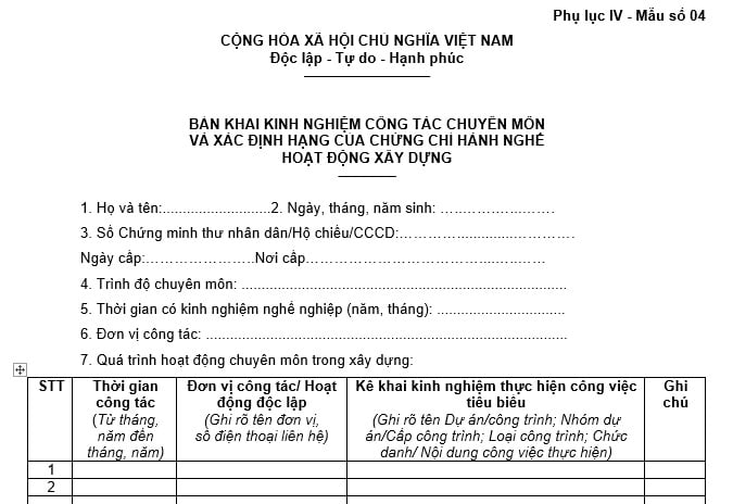 Mẫu bản khai kinh nghiệm công tác chuyên môn