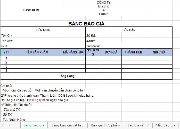 ảnh mẫu bảng báo giá