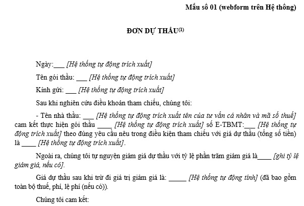 Mẫu đơn dự thầu tư vấn cá nhân