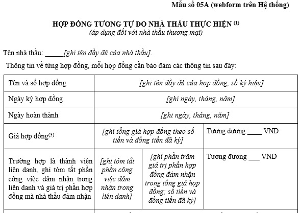 Mẫu kê khai hợp đồng tương tự do nhà thầu thực hiện