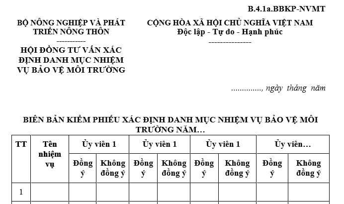 Mẫu biên bản kiểm phiếu xác định danh mục nhiệm vụ bảo vệ môi trường