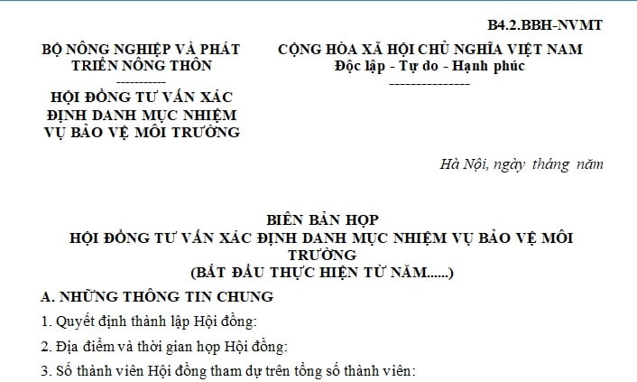 Mẫu biên bản họp hội đồng tư vấn xác định Danh mục nhiệm vụ bảo vệ môi trường