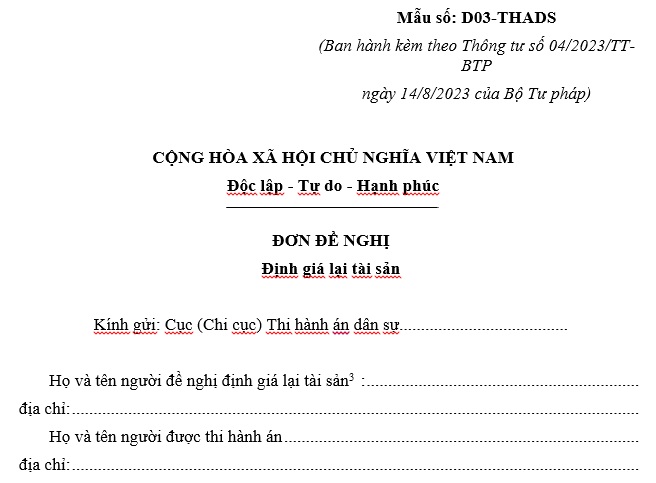 Mẫu đơn đề nghị định giá lại tài sản thi hành án dân sự